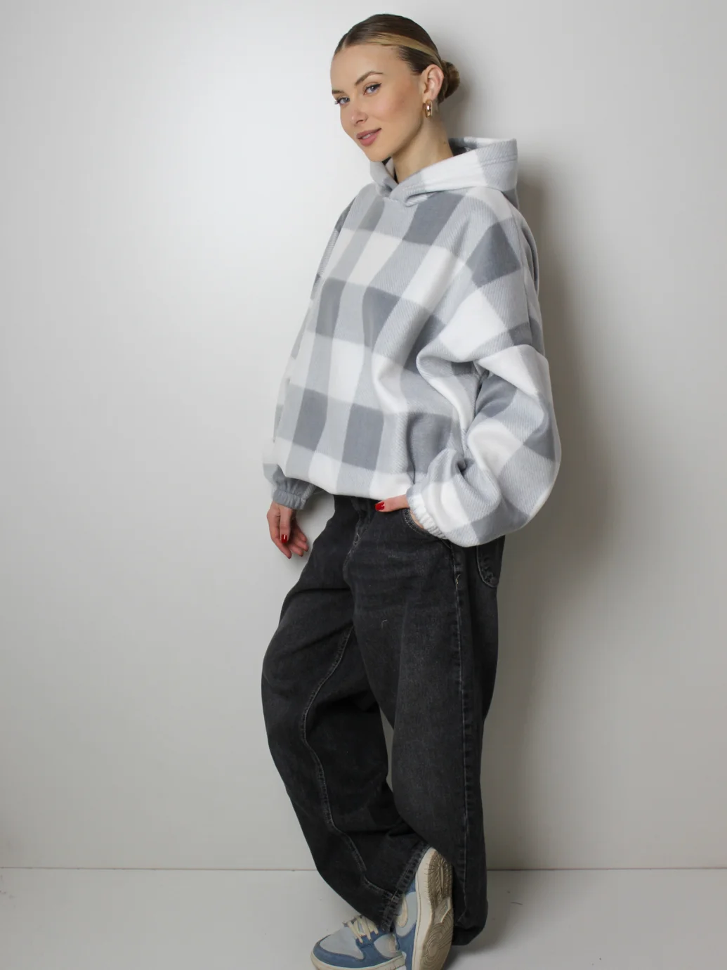 Худі оверсайз в клітинку з флісу сіро-білий ONE SIZE 10335