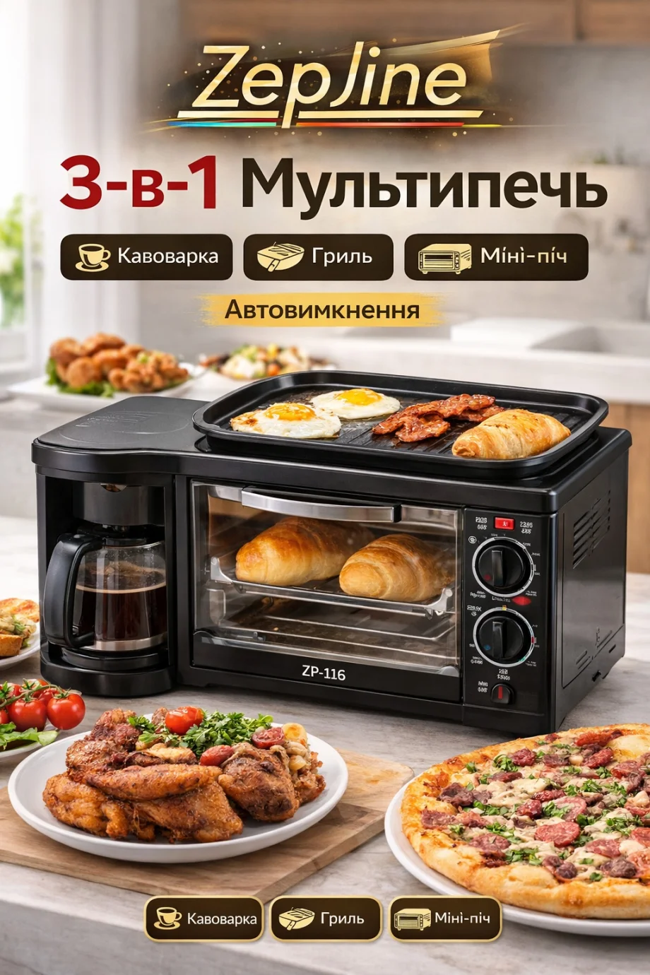 Мультипіч 3 в 1 Zepline ZP-116 (кавоварка + гриль + міні-піч)